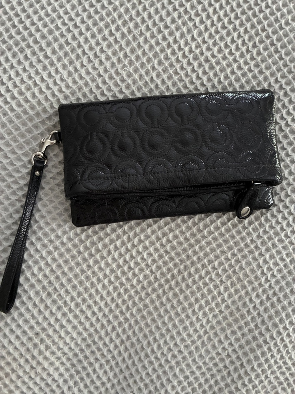 Coach Black Signature Embossed Leather Wristlet Clutch